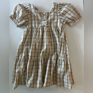 Cyrillus Paris Girls Yellow and Brown Plaid Dress, Puff Sleeves, 100% Cotton, 4T